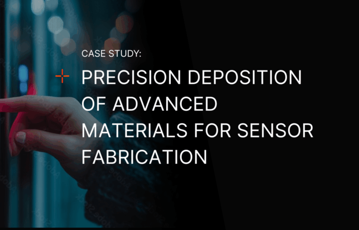 A blog banner featuring the text "Case Study: Precision Deposition of Advanced Materials for Sensor Fabrication" overlaid on the image of a person pressing a button
