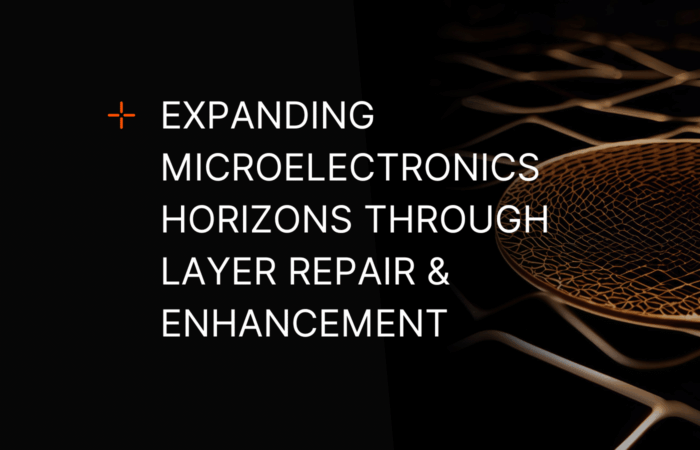 A blog banner featuring the text "Expanding Microelectronics Horizons Through Layer Repair & Enhancement" overlaid on an image of microelectronic wafers